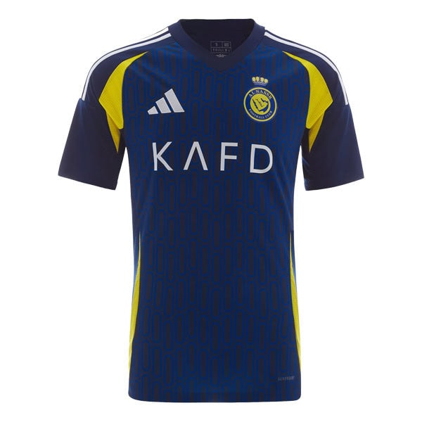 24-25-Al-Nassr-Away-Ronaldo-7-Jersey-Back | AE JERSEY Blue soccer jersey with a geometric pattern, yellow side panels, Adidas logo, sponsor 'KAFD', and club crest on the chest.