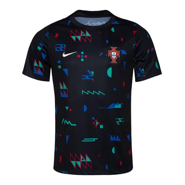 Black Portugal football jersey with a colorful geometric pattern, Nike swoosh, and team crest on the chest.