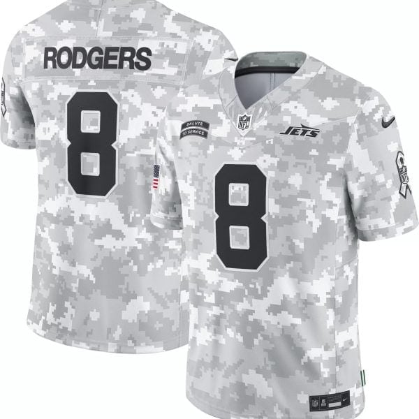 Back view of a gray digital camouflage NFL Jets jersey with the name 'RODGERS' and the number 8 visible under patches and logos.