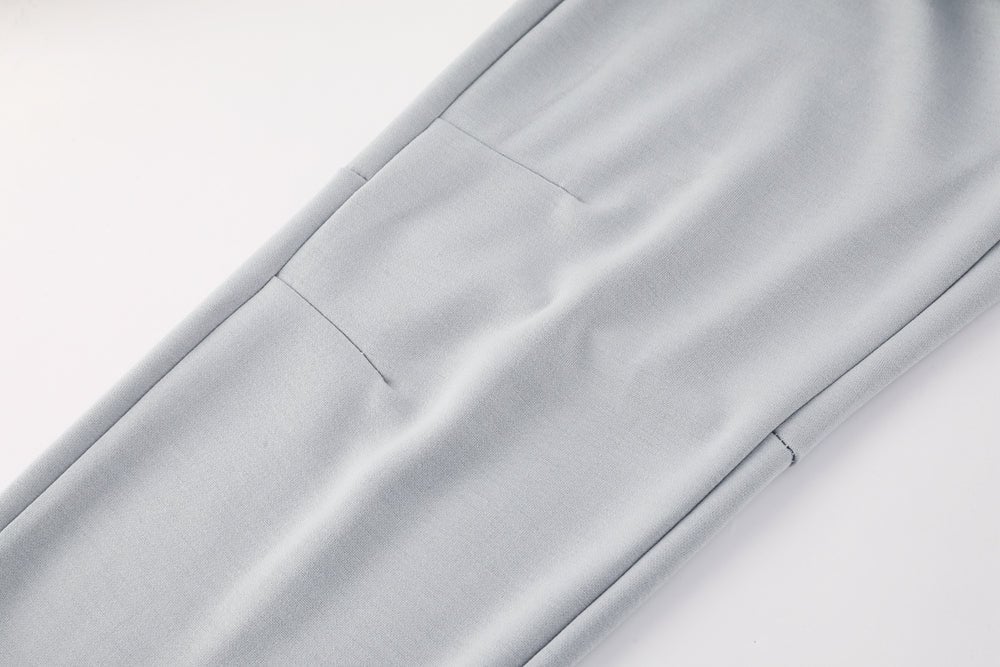 24a5e52d | AE JERSEY Light gray dress pants showing back welt pockets and a crease along the leg on a white background