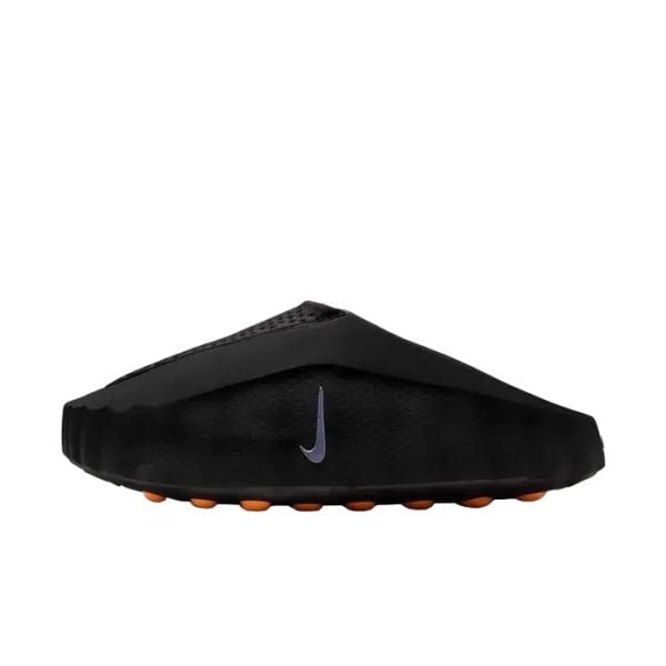 Black soccer cleat with orange studs and a small purple Nike swoosh, viewed from the side.