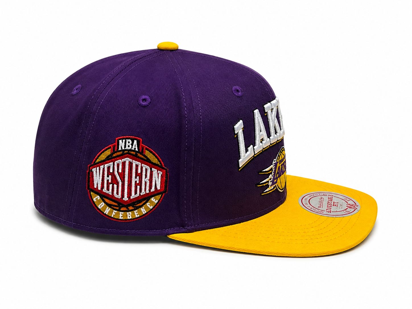 259055f8-ab5a-4163-9485-161d54dc5280 | AE JERSEY Purple Los Angeles Lakers cap with a bright yellow brim and yellow top button, featuring Western Conference patch on the side.