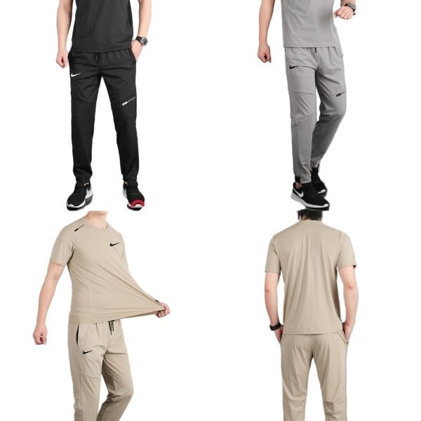 Four-model collage showing Nike training outfits: black t-shirt with matching pants, grey t-shirt with matching pants, and beige t-shirt with matching pants, each with a Nike swoosh logo.