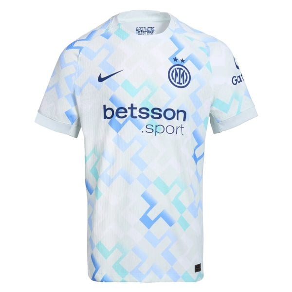 White Inter Milan football jersey with blue geometric pattern, Nike swoosh, crest, and betsson.sport sponsor.