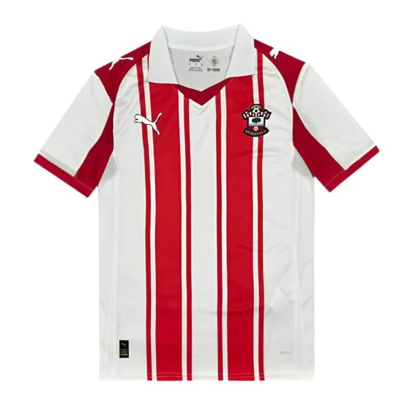 White soccer jersey with bold red vertical stripes, team crest on the left chest, and a Puma logo on the right chest/sleeve area