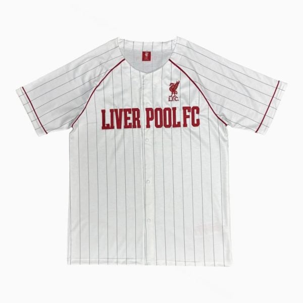 White pinstripe Liverpool FC jersey with red text reading 'LIVERPOOL FC' and crest on the chest plate, short sleeves