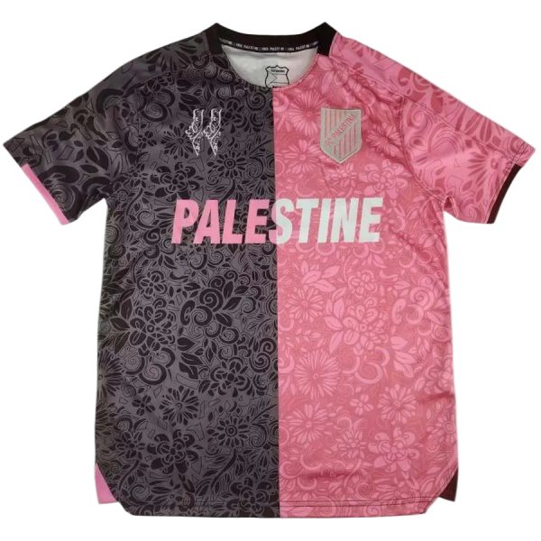 Pink-and-black floral split sports jersey with 'PALESTINE' across the chest and a crest on the left side.