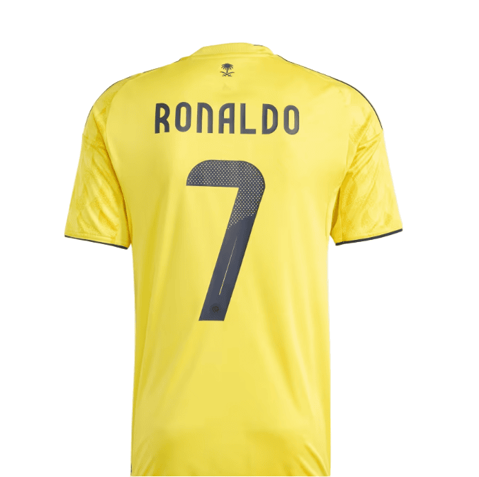 2A | AE JERSEY Back view of a bright yellow soccer jersey with 'RONALDO' and the number 7, short sleeves, on a plain white background.