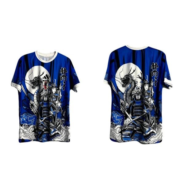 Two blue martial-arts style shirts with a dragon illustration, shown from the front (left) and back (right).