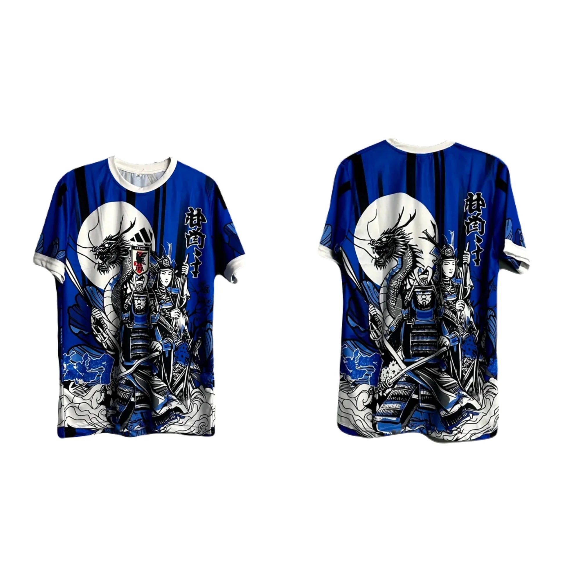 2F0D783B-06B5-4E46-9FF9-46FA592B66DF | AE JERSEY Two blue martial-arts style shirts with a dragon illustration, shown from the front (left) and back (right).