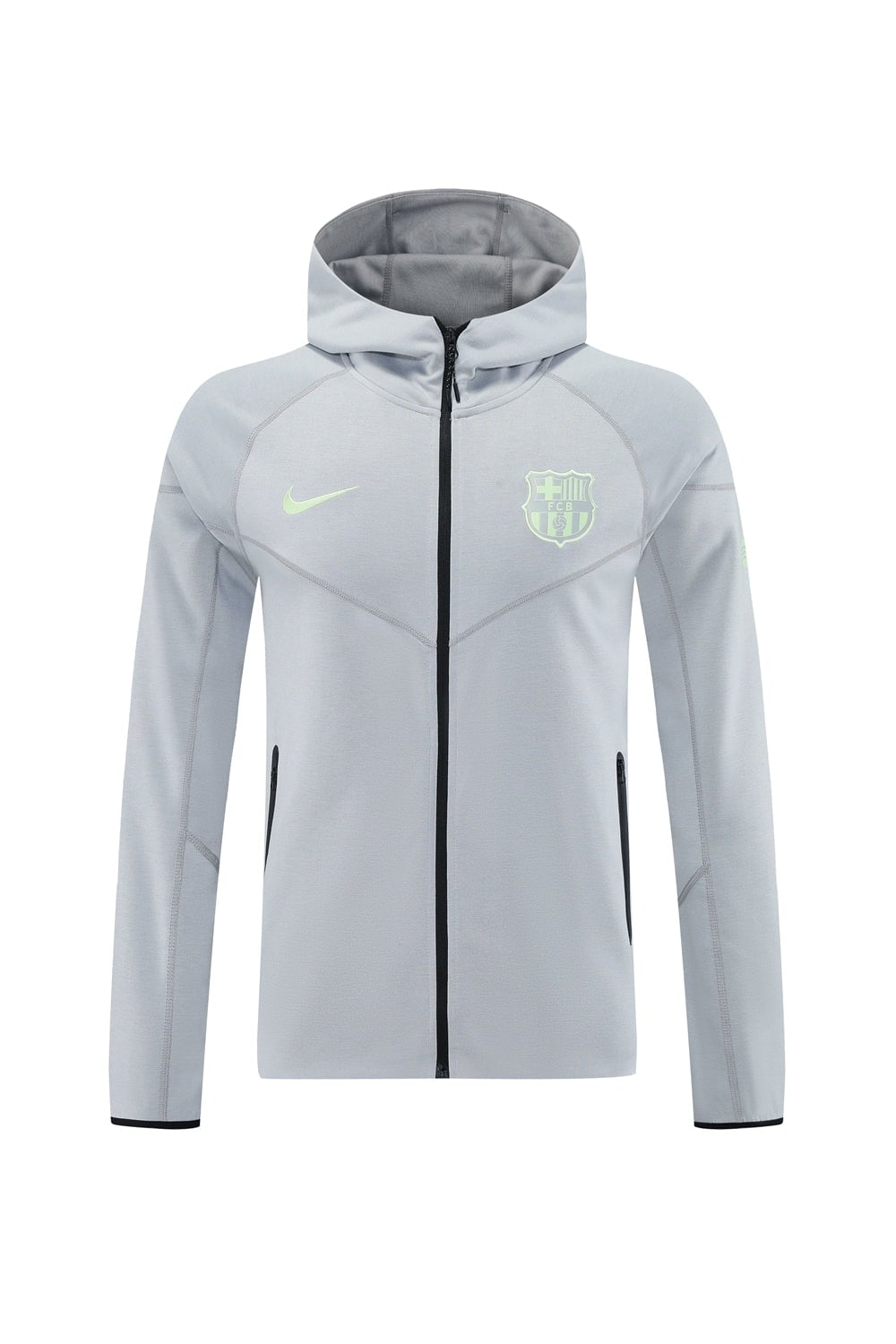 2a0147e0 | AE JERSEY Light gray zip-front hoodie with hood, black zipper, neon Barça crest on the left chest and a neon Nike swoosh on the right chest area.