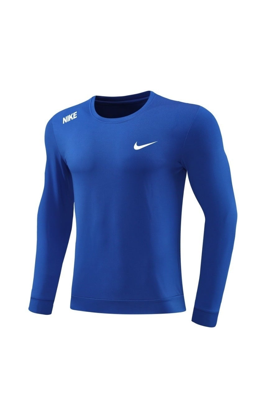 2b094e1a | AE JERSEY Blue Nike long-sleeve athletic shirt with white swoosh on the chest and Nike branding on the left shoulder.