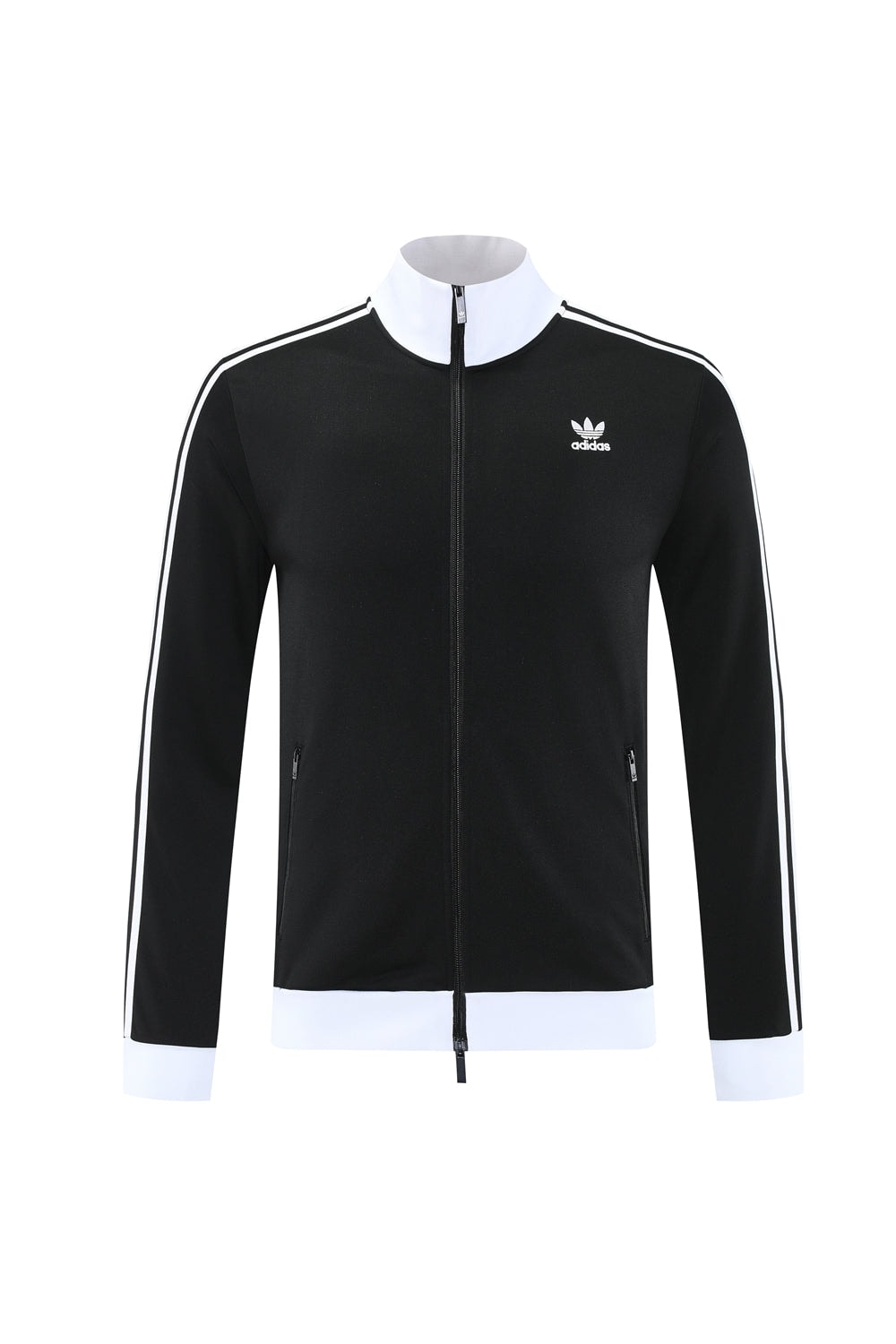 2b935344 | AE JERSEY Black Adidas track jacket with white collar and cuffs, full-zip, white piping along sleeves and hem, logo on left chest