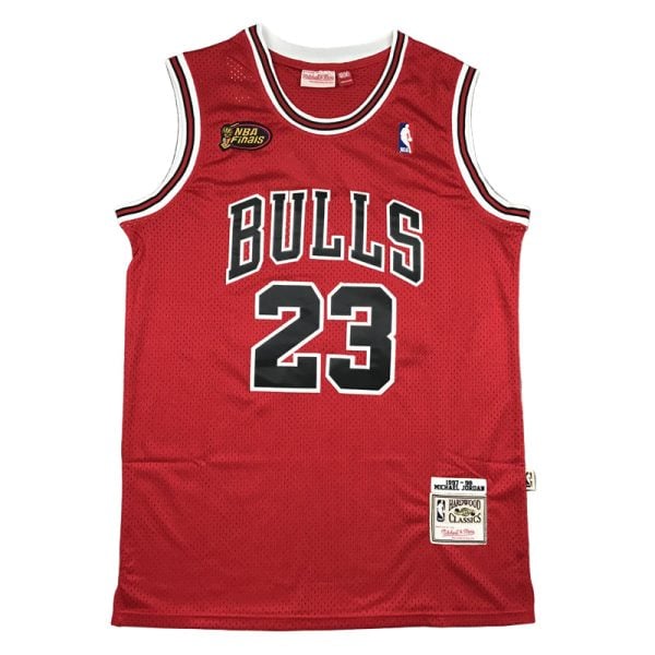 Red Chicago Bulls basketball jersey with white-and-black trim and the number 23 displayed on the front, a Michael Jordan classic style.