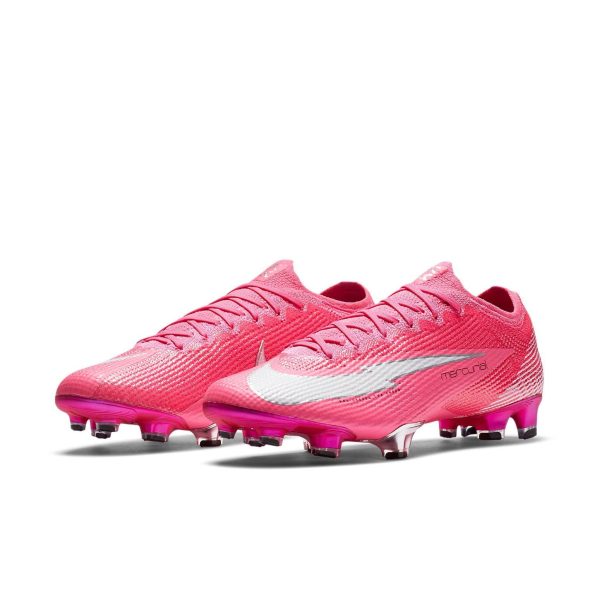 Pink Nike Mercurial soccer cleats, side-by-side, highlighting textured upper and white swoosh logo