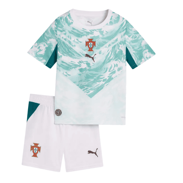 Portugal national team kids' soccer jersey and shorts set with teal chevron pattern and crest