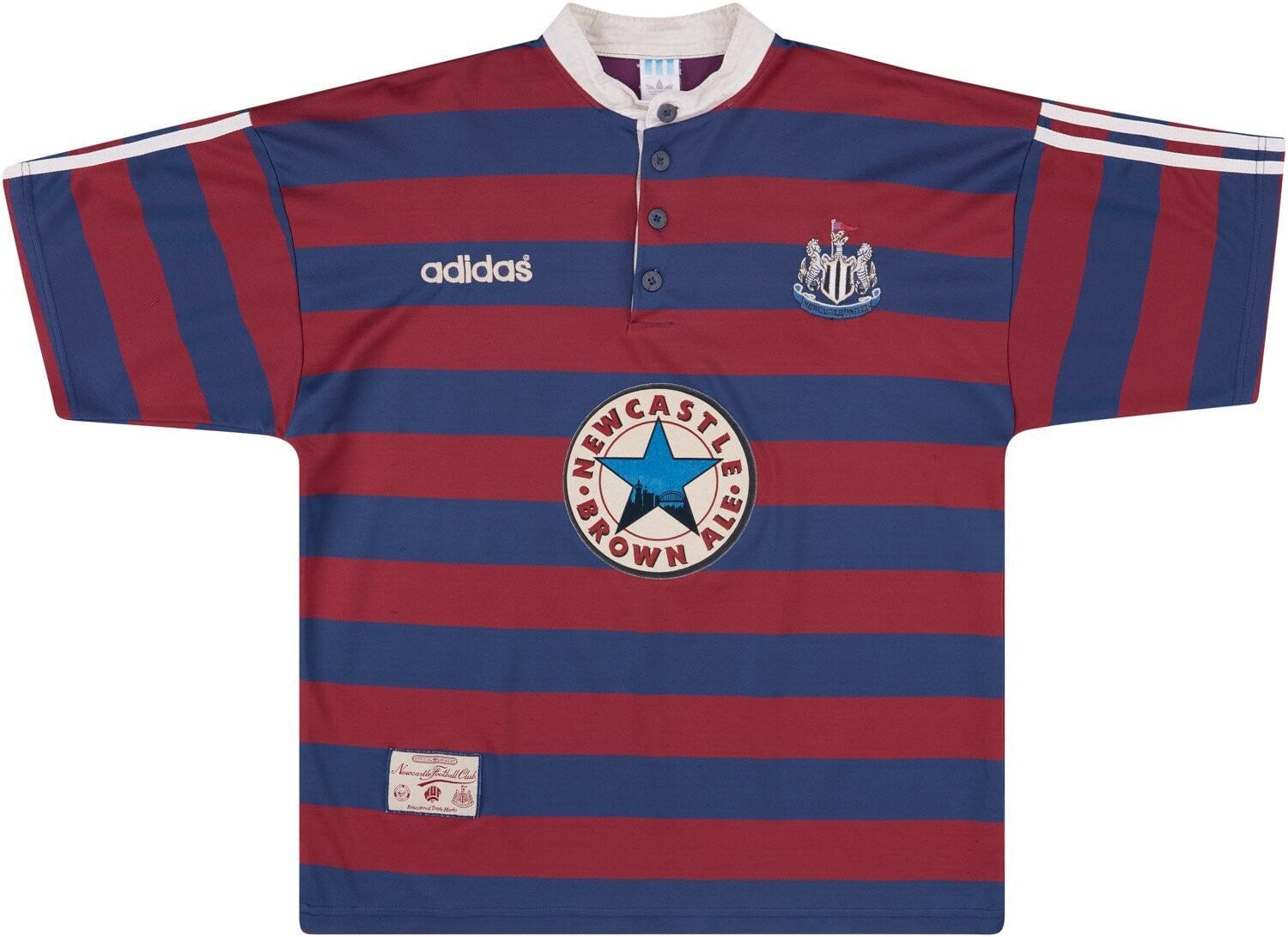 3144075197 | AE JERSEY Newcastle United rugby shirt with maroon and blue horizontal stripes, Adidas logo on the left chest and club crest on the right.