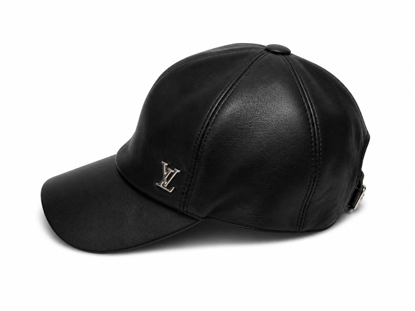 342e88a2-6603-40e5-9de1-c18a44e867a3 | AE JERSEY Black leather baseball cap with a small silver LV logo on the front.