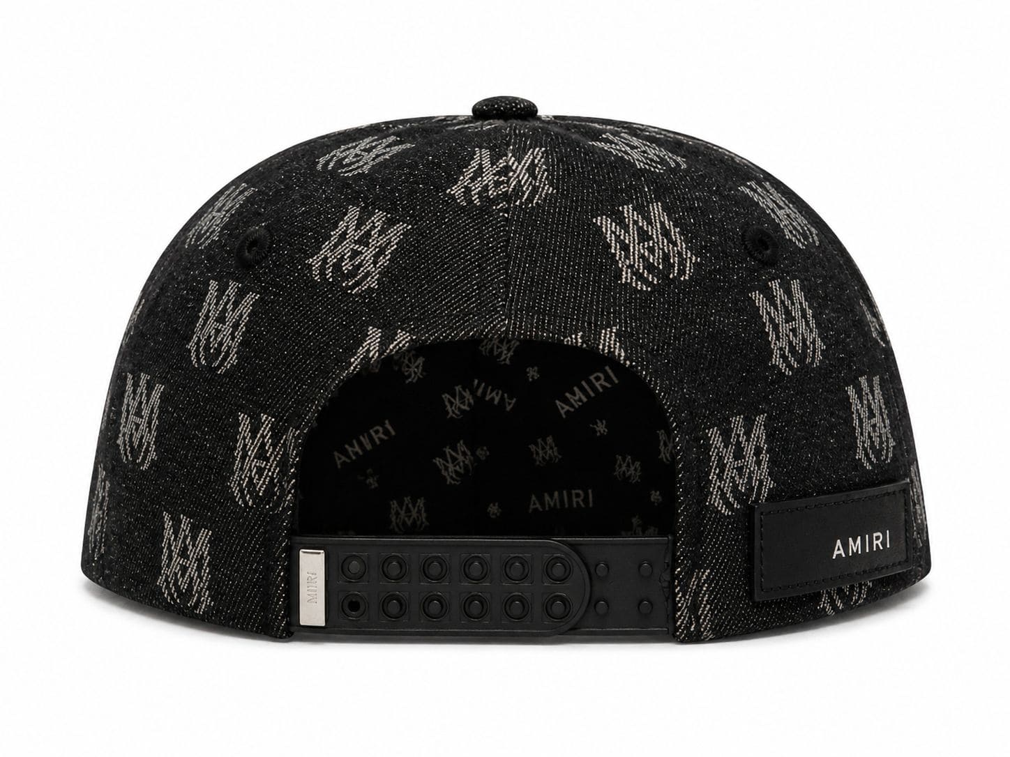 34ff7c88-60eb-4e0f-9ede-0ce48bed48d9 | AE JERSEY Back view of a black denim cap with an all-over AMIRI logo pattern, featuring an adjustable snap strap and a stitched AMIRI patch on the back.