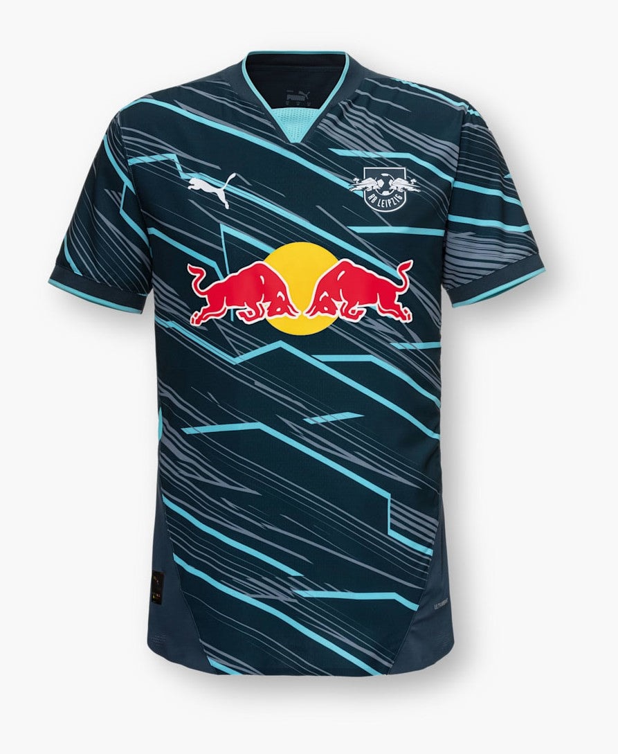 3DG7lm7Lxw1GlnO | AE JERSEY Dark blue RB Leipzig soccer jersey with light blue geometric stripes and a central Red Bull logo with yellow circle.