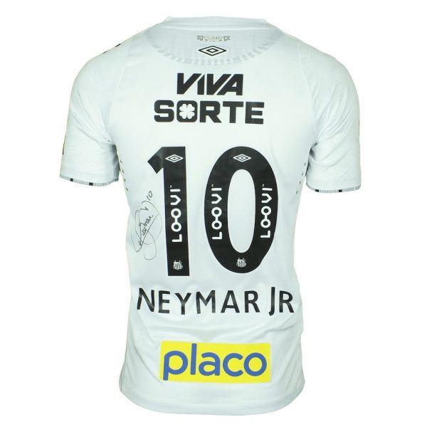White football jersey back: Neymar Jr 10, Viva Sorte logo, autograph, with Placo sponsor at bottom.
