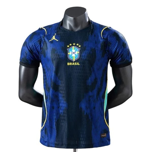 Blue Brazil national football jersey on a display mannequin, featuring the CBF crest and yellow accents.