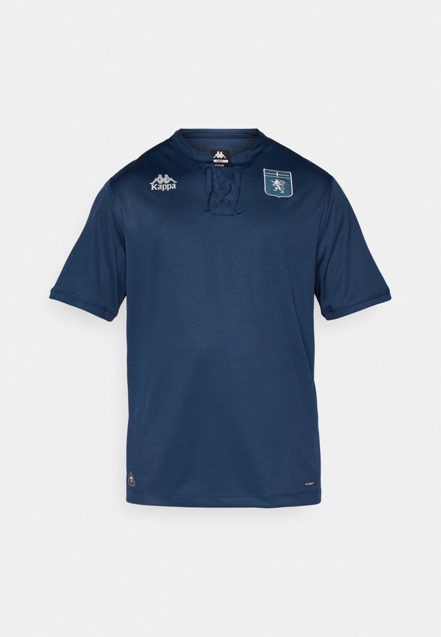 3b37e915-248f-4b1f-ba0b-ee6a95b555f8 | AE JERSEY Navy blue short-sleeve athletic jersey with a lace-up neckline, a crest badge on the left chest, and a Kappa logo on the right chest.