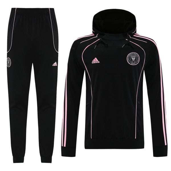 Black Adidas tracksuit set with pink piping, hooded jacket and matching jogger pants.