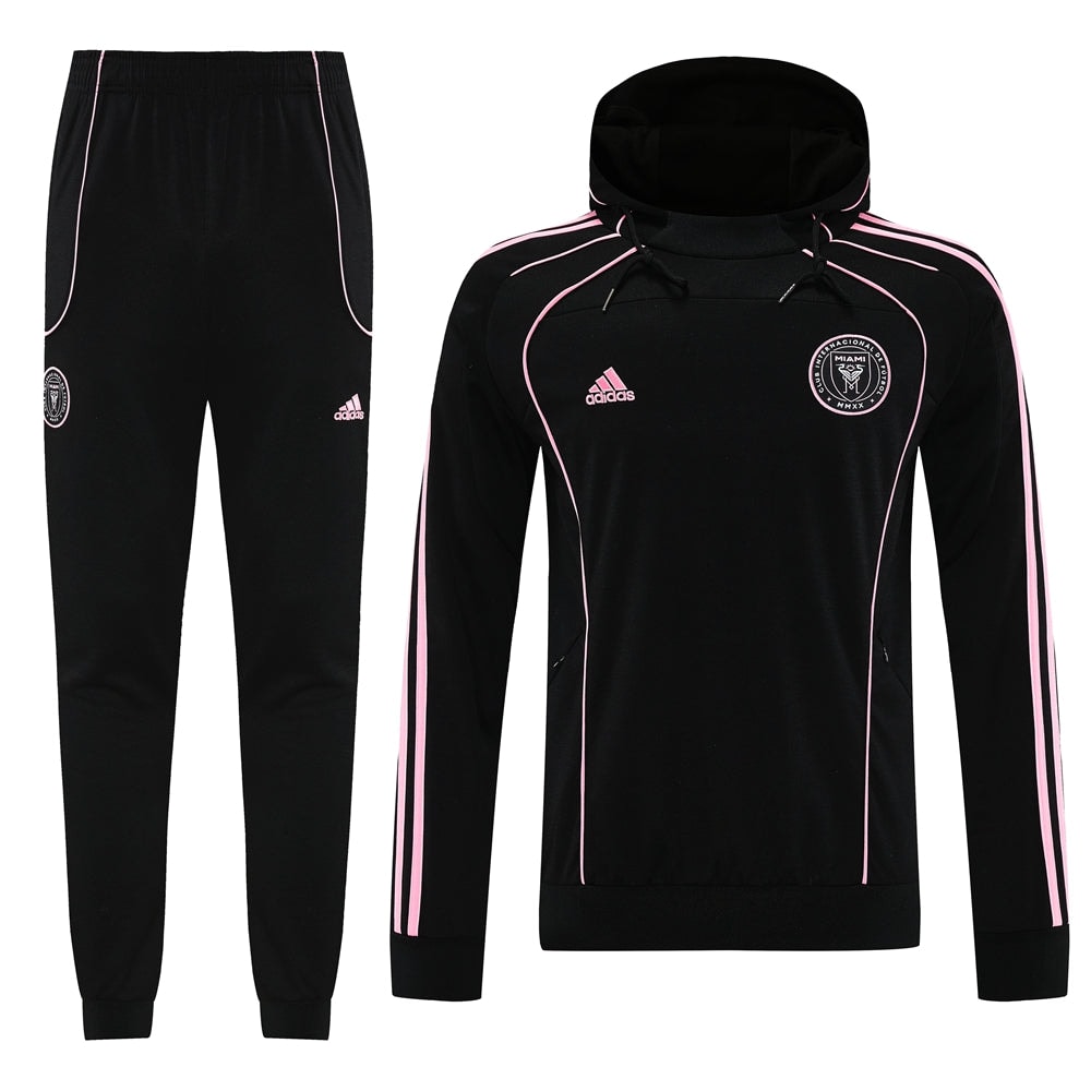 3b497710 | AE JERSEY Black Adidas tracksuit set with pink piping, hooded jacket and matching jogger pants.