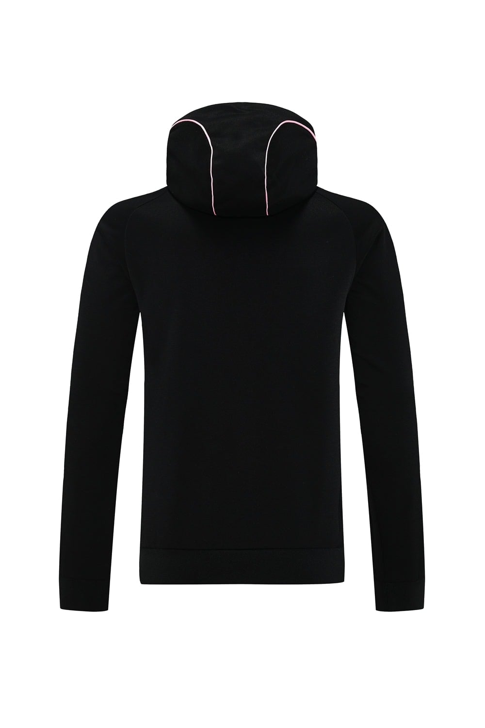 3c151a28 | AE JERSEY Back view of a black hoodie with pink piping along the hood seams.