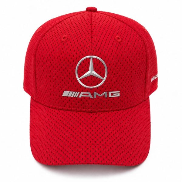 Red mesh baseball cap featuring the Mercedes-Benz logo and AMG branding on the front.