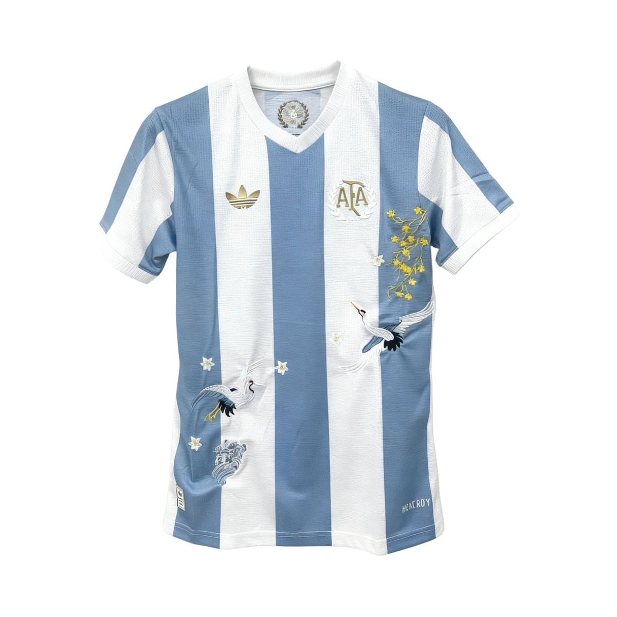3f77b93e-6ac4-471c-a6b1-69bcc82e5ffb | AE JERSEY Blue and white striped soccer jersey with crane embroidery and a crest on the chest, front view.