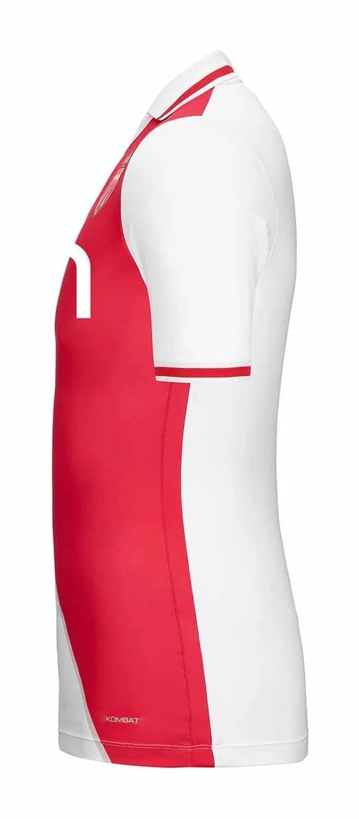 3iHE1XriHg2W1IU | AE JERSEY Side view of a white and red athletic polo shirt with red side panel and white sleeves; branded Kombat at the hem.