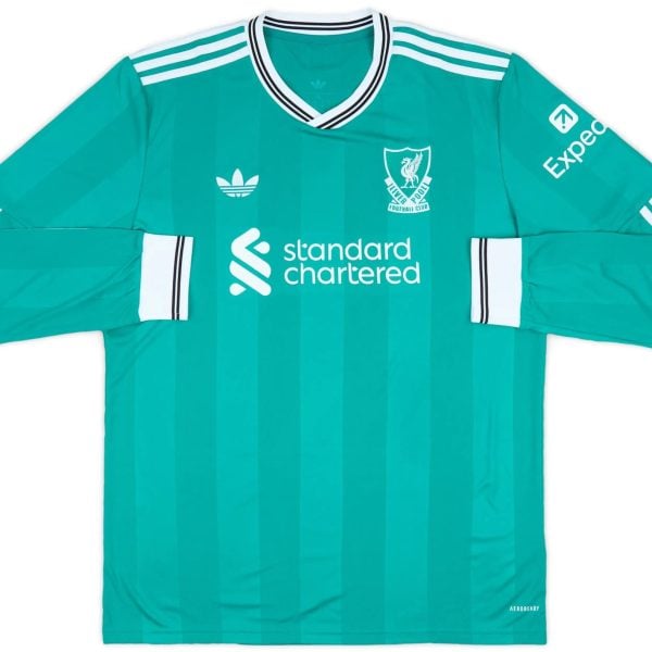 Teal Liverpool FC away jersey with white striped shoulders and sponsor logos