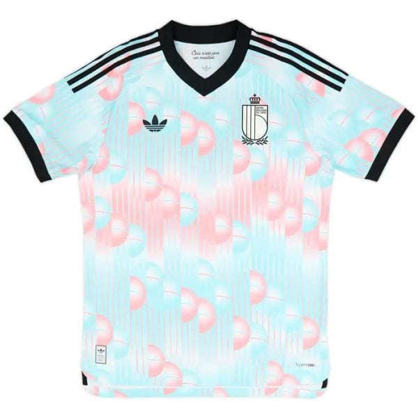 Pastel blue and pink Adidas soccer jersey with vertical line pattern, black V-neck collar, black sleeve cuffs, three black stripes on shoulders, crest on the left chest and Adidas logo on the right.
