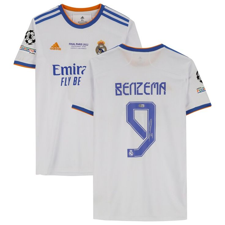 436ca5aa13e5882cd62e9e012f077438 | AE JERSEY White Real Madrid soccer jersey with blue-orange trim, front displays Emirates Fly Better sponsor, and back shows 'BENZEMA' with the number 9 in blue.