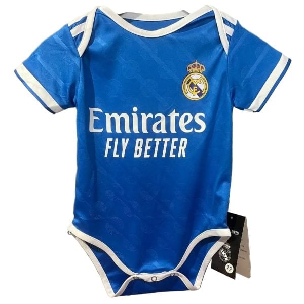 Blue Real Madrid baby onesie with white trim and crest, featuring the 'Emirates Fly Better' sponsor text at front.