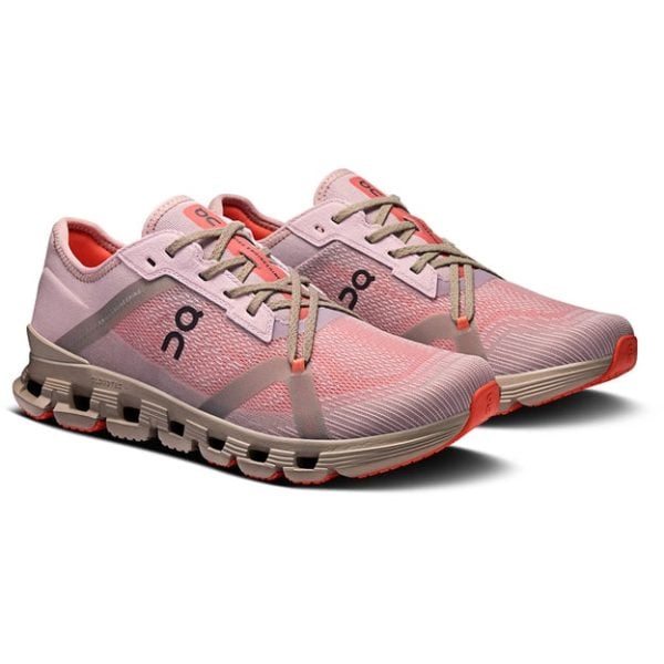 Pink and gray running shoes with beige laces and orange accents, shown as a two-shoe pair for running/fitness use.