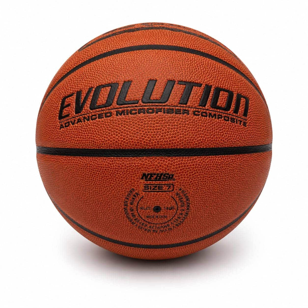 45967de0-7d08-429e-9cb5-6ab64005a6ba | AE JERSEY Orange basketball with pebbled texture and black seams, branding reads 'Evolution Advanced Microfiber Composite' on a white background.