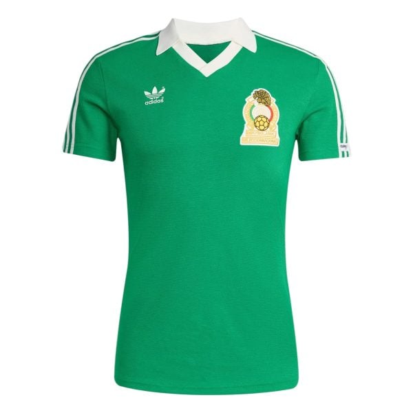 Green Mexico national team soccer jersey with white collar, Adidas logo on the left chest, and gold crest on the right chest.