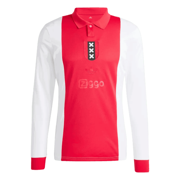 Red and white long-sleeve soccer jersey with a red front panel and white sleeves, featuring a crest with three white Xs and the Ziggo sponsor on the chest.