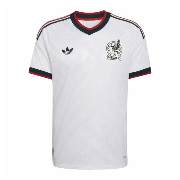 White Mexico national team soccer jersey with green and red trim, featuring the Adidas logo on the left chest and the Mexico crest on the right chest.