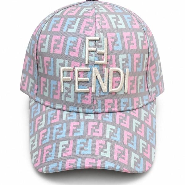 Pastel cap with all-over Fendi logo pattern in pink, blue and gray and a white embroidered 'FENDI' on the front.