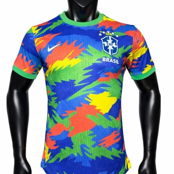 Colorful Brazil national team soccer jersey with a splash pattern, crest, and Nike logo.