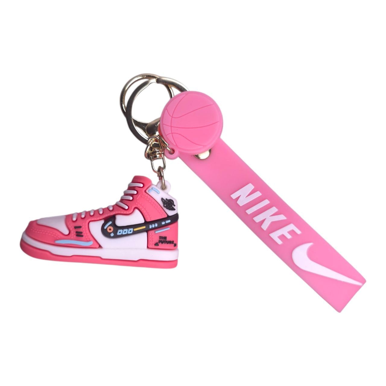 5805548633519671570 | AE JERSEY Pink Nike sneaker keychain with a basketball motif and a pink strap.