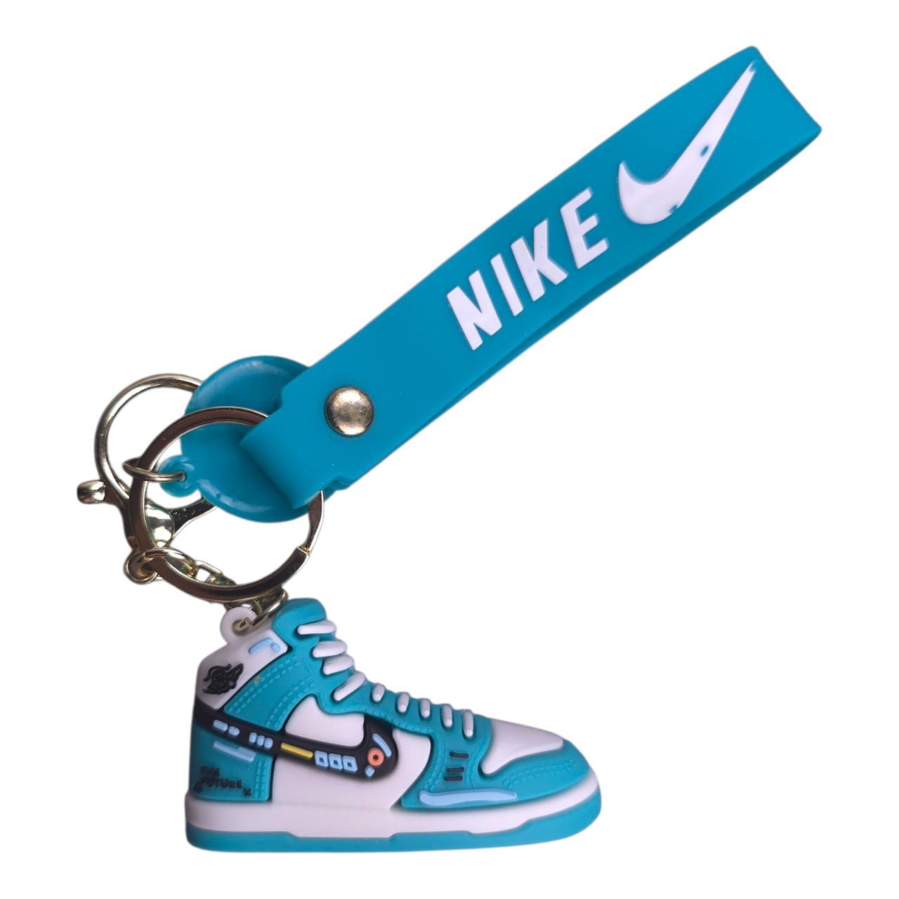 5805548633519671573 | AE JERSEY Teal Nike sneaker keychain with a blue strap and attached rings, isolated on white background