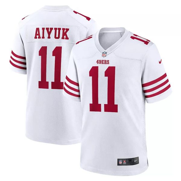 Two white San Francisco 49ers jerseys displayed: front and back view, bold red number 11 and 'AYUK' on the back.