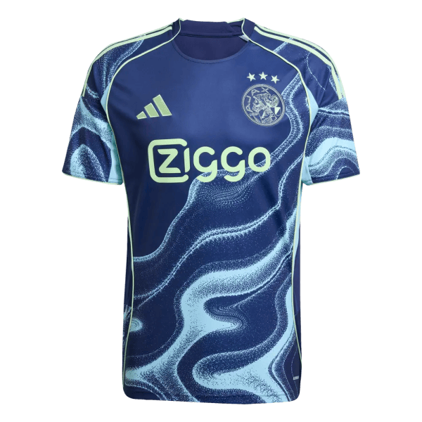 Blue Ajax football jersey with Ziggo sponsor and light green accents, featuring a wave pattern across the front and sleeves.