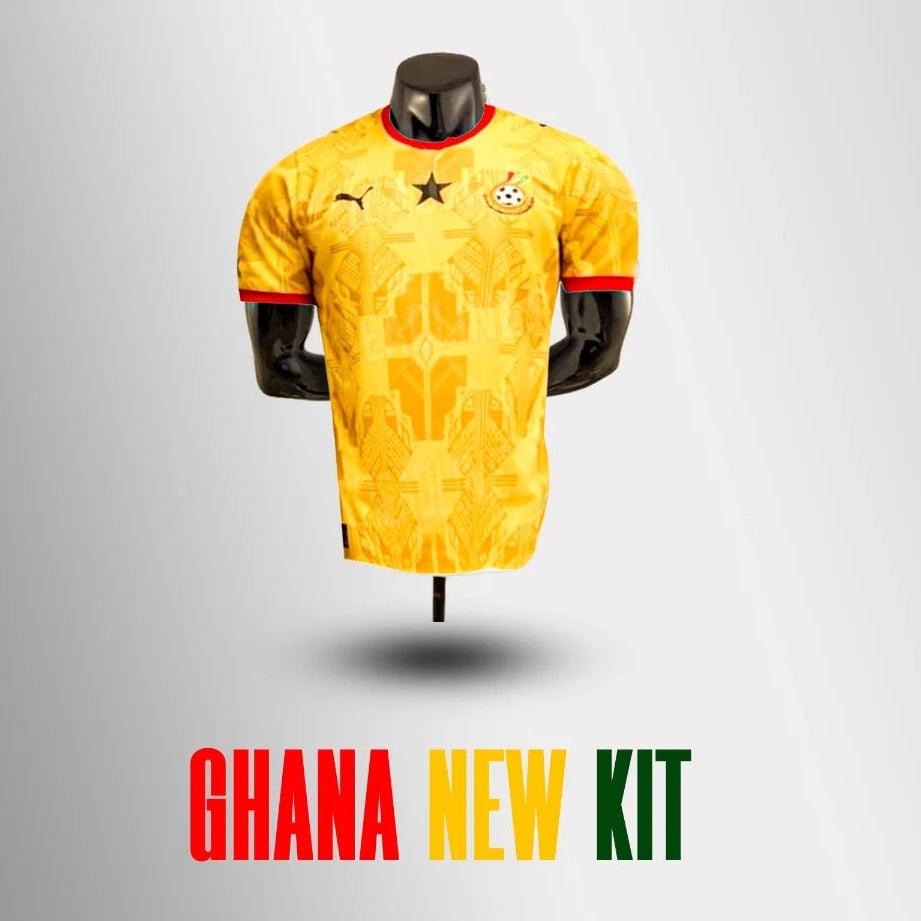 589659147_18010250786808547_8784456150700175748_n | AE JERSEY Ghana national football kit on a display mannequin, bright yellow with red trim and crest, shown with the caption 'GHANA NEW KIT' in red, yellow, and green below.