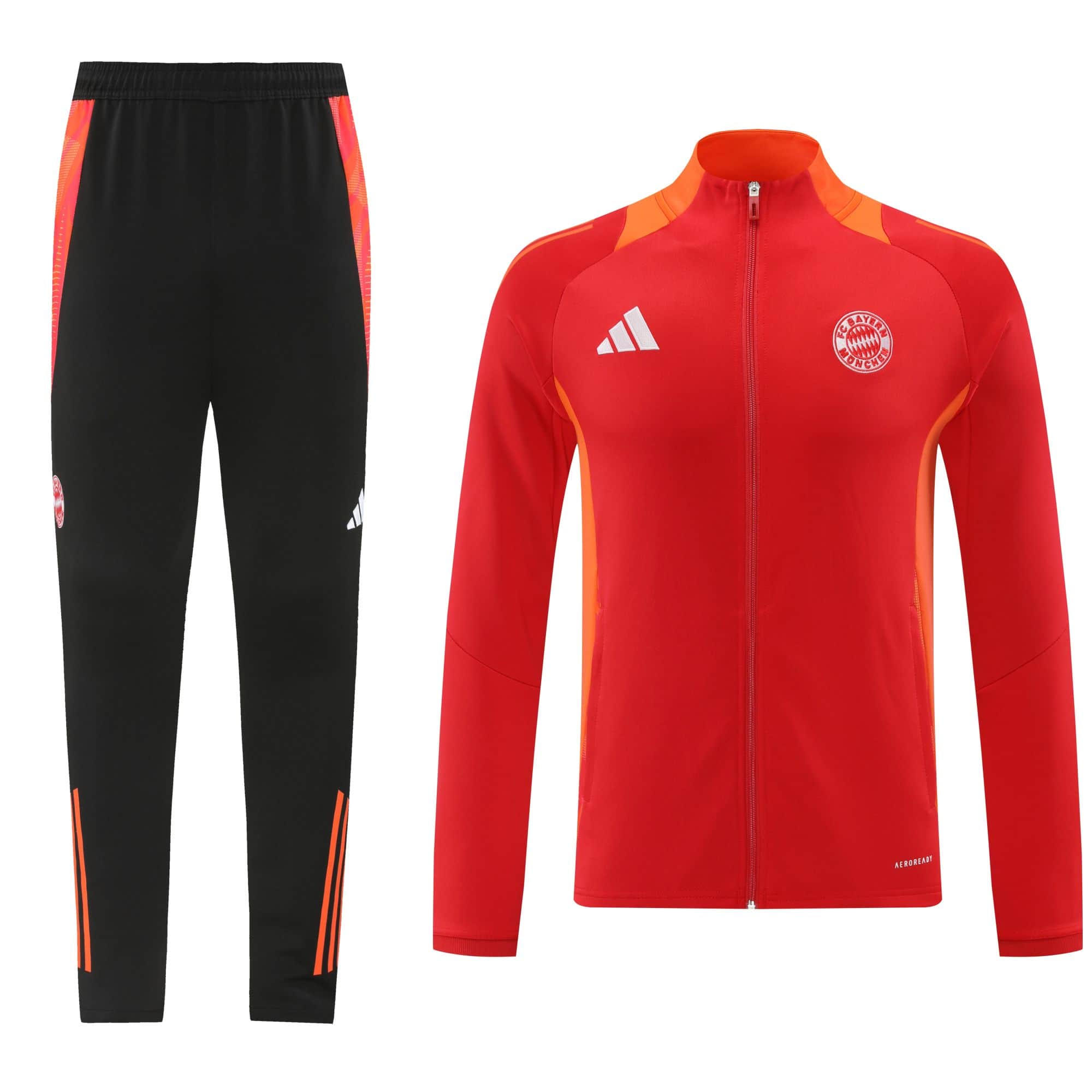 59b035e2 | AE JERSEY Side-by-side view of black athletic pants with orange stripe accents and a red athletic jacket with orange detailing, featuring team badge and Adidas logo on the chest.